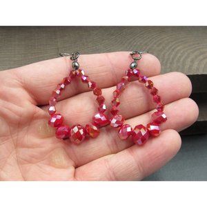 Sterling Silver Colorful Red Crystal Hoop Design Earrings Vintage Wedding